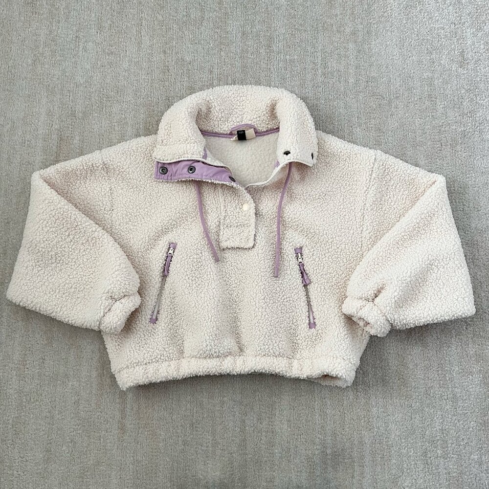 Universal Thread Cream Sherpa Fleece Pullover Snap Mock Neck Purple Trim Size S